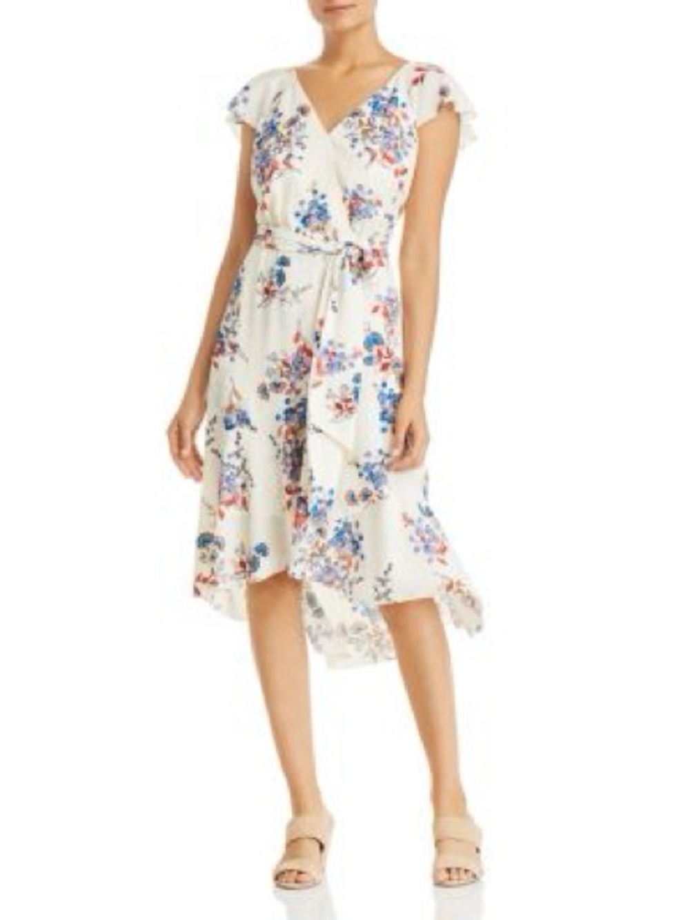 Elie Tahari Cream Floral Wrap Midi Dress with Blue & Pink Accents